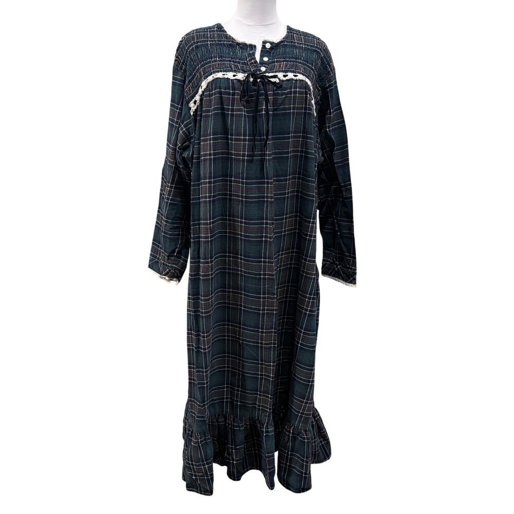 Vintage Amanda Stewart Green Plaid Nightgown 3X Maxi Sleepwear Flannel Lounge